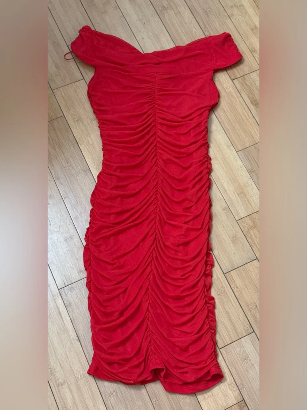 Fashion Nova Red Ruched Off-Shoulder Midi Dress - Picture 3 of 4